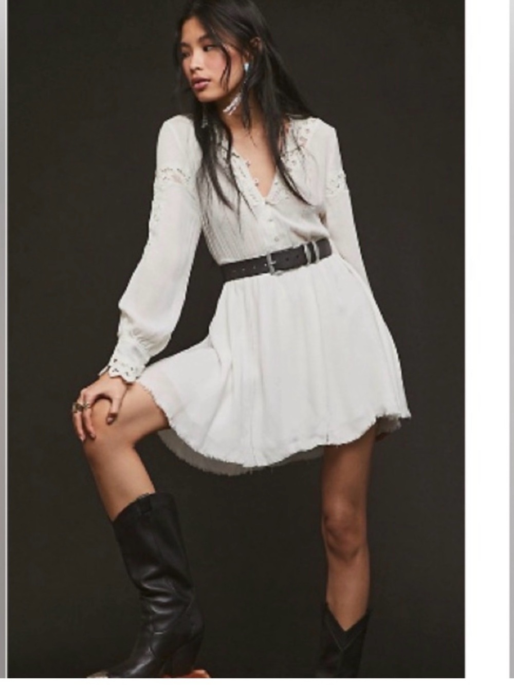Free‎ People Ivory Lace Trim Boho Mini Dress Crochet Ruffle Button Front XS/P